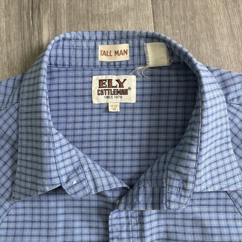 Ely Cattleman Blue Plaid Western Shirt Men's Size 18.5-35 T Pearl Snaps Vintage - Picture 3 of 10